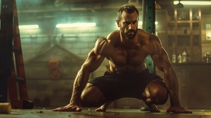 Fototapeta na wymiar Strong Muscular Man Kneeling on the Floor