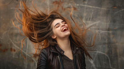 A vibrant portrait of a young woman laughing heartily with her hair dramatically flying around her, capturing a moment of pure joy.
