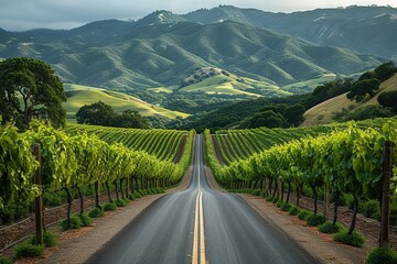 A scenic countryside road surrounded by lush vineyards, inviting wine enthusiasts to explore - obrazy, fototapety, plakaty