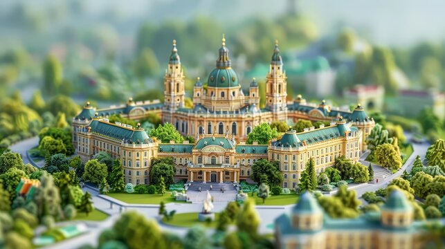 A highly detailed miniature model of Schonbrunn Palace. The palace is surrounded by lush gardens and trees, with a fountain in the front.