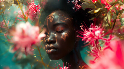 An ethereal underwater portrait of a young woman surrounded by vibrant pink flowers, with light creating patterned shadows on her face.

