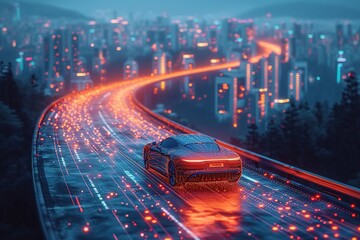 A self-driving car navigating a futuristic cityscape with precision, following digital traffic signals