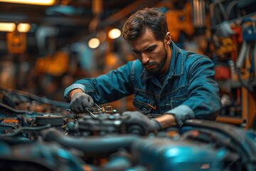 A skilled mechanic performing intricate engine surgery on a classic muscle car, surrounded by an organized chaos of tools and parts