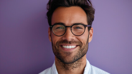 A Business male isolated on purple background, feeling energetic and confident, smiling happily, looking at camera through eyeglasses, enjoying his work, ready to help