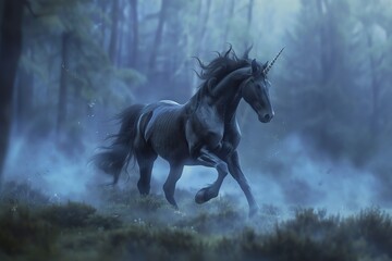 Frame a surreal side view of a mystical unicorn galloping through a misty forest Play with unexpected camera angles to enhance the magical essence