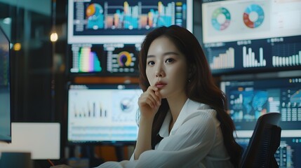 Focused Asian Businesswoman Analyzing Data and Statistics on Multiple Computer Screens
