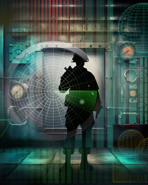 Futuristischer Bildschirm mit Radar zur Luft&uuml;berwachung - Bunker mit Silhouette eines Soldaten - Systeme Abwehrsysteme- Luftabwehr Stellung - Kommando - Kommandozentrale im Einsatz - AI generiert