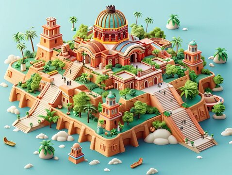 An ancient Mesopotamian city, with stepped pyramids, temples, and ziggurats