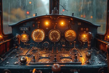 A steam locomotive's cab interior, with gauges and controls bathed in warm, soft light, creating an inviting atmosphere