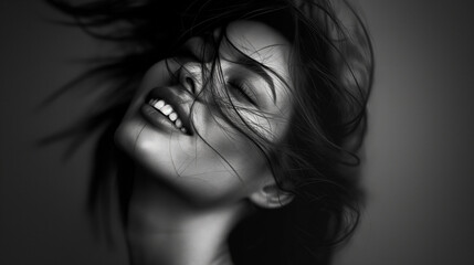 A dynamic black and white portrait of a woman laughing joyously, her hair dramatically tossed by motion.
