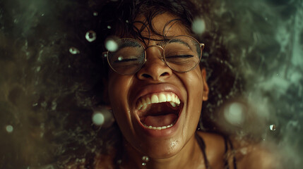 A vibrant underwater close-up of a joyful woman laughing, with bubbles around her and glasses covered in water droplets.
