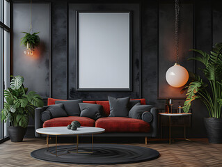 cozy family lounge in the evening with wooden furniture, chairs, green plants, one chandelier, red sofa,gray walls, chandelier with interior mockup with one white photo frame in the background