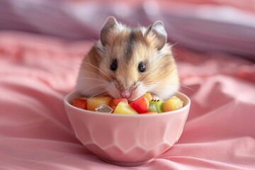 Cute hamster enjoying a bowl of fresh fruits on a pink background