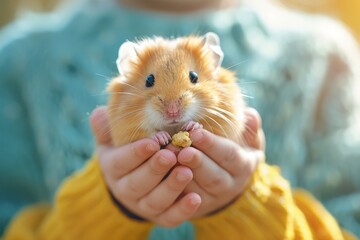 Close-up of a child's hands gently holding a hamster outdoors