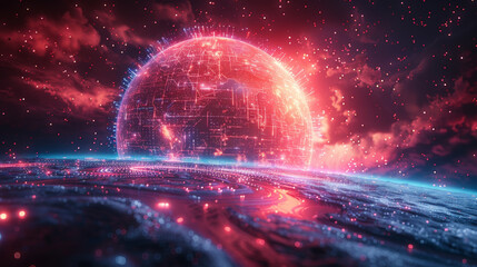 A red and blue planet with a glowing orb in the center. The orb is surrounded by a network of...