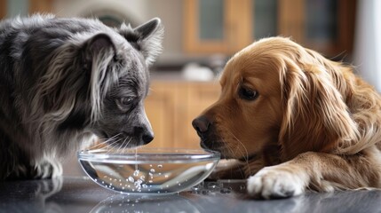 Close-up of a cat and dog bonding over a shared water bowl