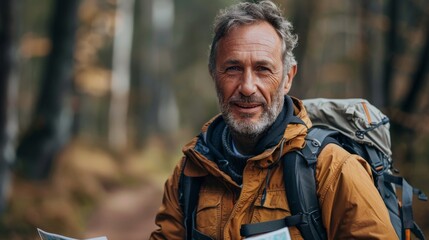 Mature hiker with a backpack smiling in the forest - Powered by Adobe