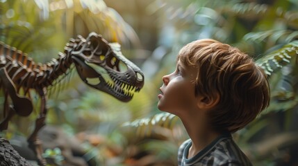Young boy marvels at a skeletal dinosaur exhibit in a museum