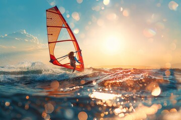Child windsurfer catching waves at sunset on the ocean
