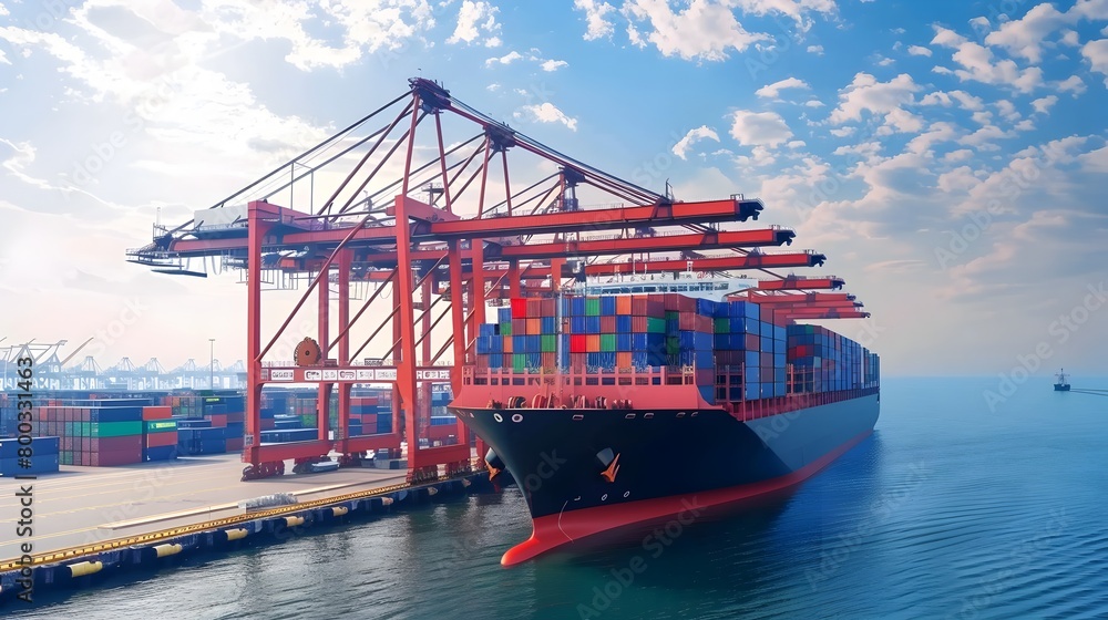 Poster automated cargo terminal with cranes unloading containers from massive cargo ship at busy
