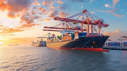 Naklejka premium Cargo Ship at Sunset in Busy Commercial Seaport