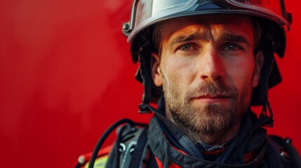 Close-up portrait of a heroic firefighter in full gear against a vibrant red background