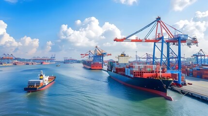 Fototapeta premium Busy Seaport with Cranes and Cargo Containers in Bustling Maritime Shipping Hub