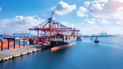 Naklejka premium Bustling Seaport Terminal with Towering Cranes and Container Ships at Dock