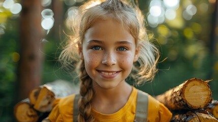 Smiling girl with blue eyes in a yellow dress holding firewood in a sunny forest setting