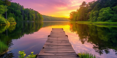 A wooden dock juts into the calm waters of an American lake at sunset