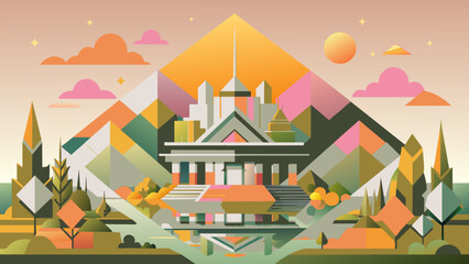 Geometric Landscape Illustration with Modern Abstract Architecture