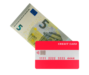 A plastic credit card with a pattern of the Austrian flag lies on a 5 euro banknote (close-up on a transparent background)