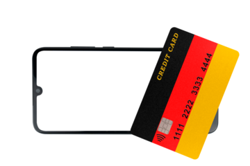 A plastic credit card with a pattern of the German flag lies on a smartphone with a blank screen (close-up on a transparent background)
