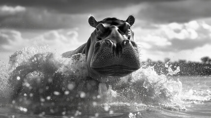 A striking black and white image of a hippopotamus charging through water with splashes around, against a cloudy sky.
