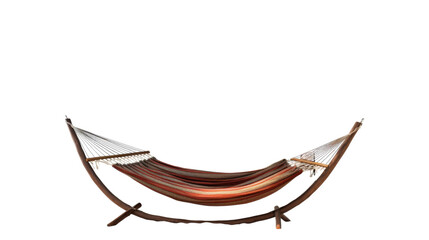 A hammock sways gently from a wooden stand in a peaceful outdoor setting
