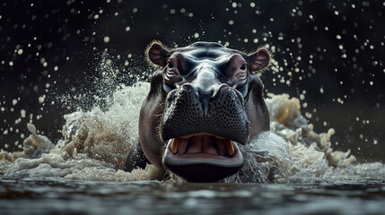 A captivating image of a hippopotamus emerging from water, mouth wide open, creating a dramatic splash, set against a dark background.
