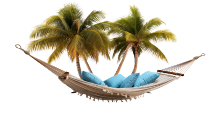 A hammock sways gently between two tall palm trees in a tranquil setting