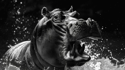 A dramatic black and white photograph of a hippopotamus with its mouth wide open, splashing water around.
