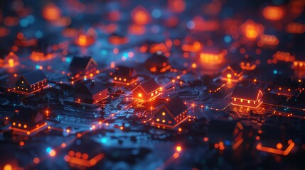 An abstract illustration of a smart city with glowing houses and lights representing the flow of data and information.