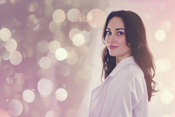 Fototapeta premium Young happy female doctor standing in medical hospital background. Woman physician therapist or obstetrician wearing uniform looking at camera in clinic. Healthcare medicine concept. Portrait.