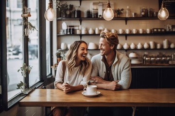 Cheerful young couple sitting at a cafe. Man and woman sitting at a restaurant table and smiling