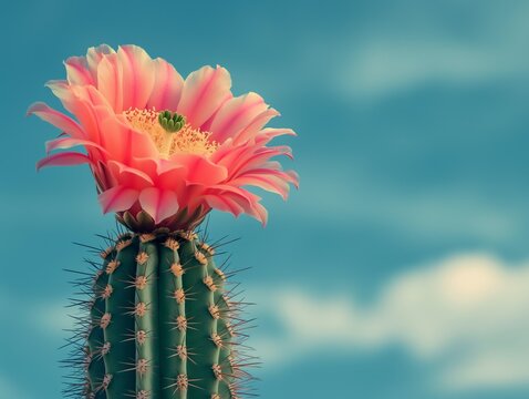 AI generated illustration of a vibrant pink cactus flower blooming on a tall cactus plant