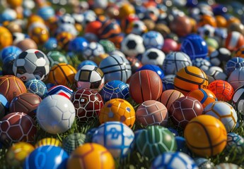 AI generated multi-colored sport balls scattered outdoors