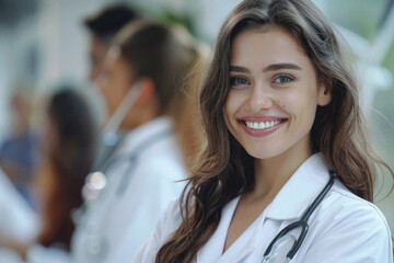 Young happy female doctor standing in medical hospital background. Woman physician therapist or obstetrician wearing uniform looking at camera in clinic. Healthcare medicine concept. Portrait.
