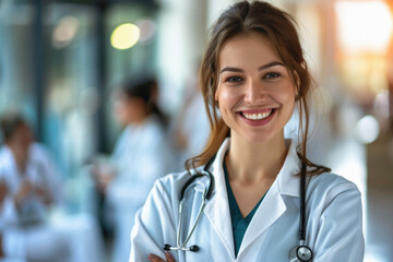 Fototapeta premium Young happy female doctor standing in medical hospital background. Woman physician therapist or obstetrician wearing uniform looking at camera in clinic. Healthcare medicine concept. Portrait.