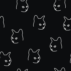 Seamless pattern hite cat faces on a black background. Drawn funny cartoon cats, repeating ornament. vector design eps 10