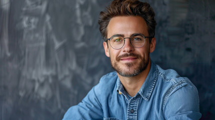 A Close up portrait of smiling handsome man in round glasses and blue shirt isolated on gray textured wall