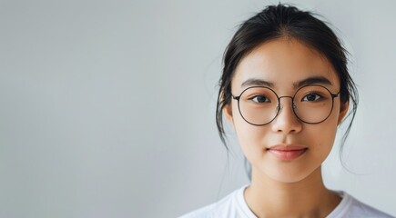 lose up studio shot of calm Asian young woman wearing eyeglasses isolated on white background.