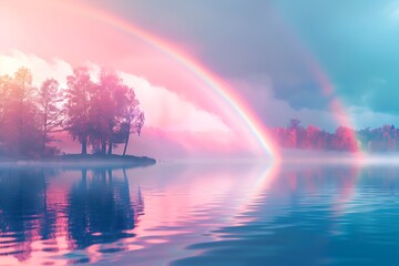 Pastel gradient backdrop illuminated by a double rainbow, casting a vibrant reflection on a still lake.