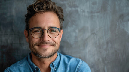 A Close up portrait of smiling handsome man in round glasses and blue shirt isolated on gray textured wall